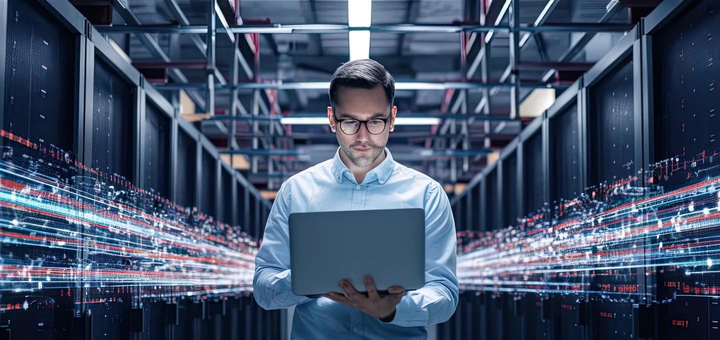 A man in glasses works on a laptop in a server room with rows of data racks and digital lines suggesting data flow.