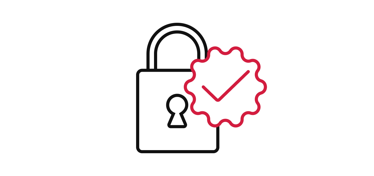 Icon of a black-outlined padlock with a bright red checkmark inside a red, starburst-shaped badge, signifying security, protection, and successful verification or authentication.