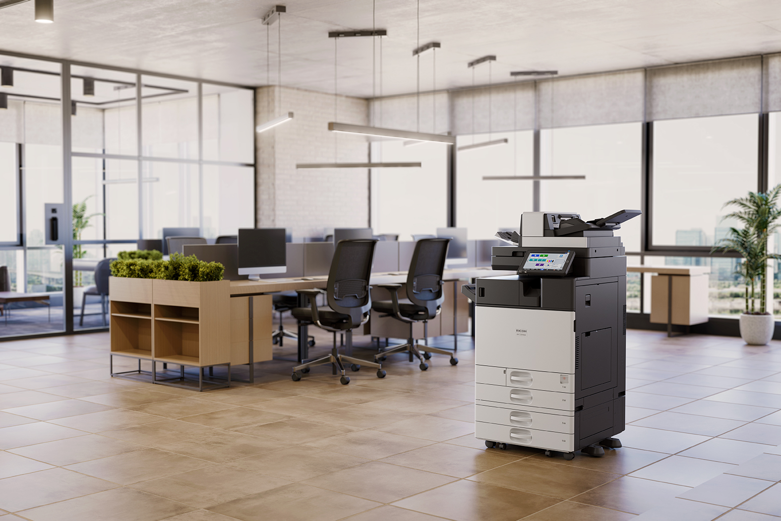 Modern open-plan office with sleek desks, ergonomic chairs and natural light, featuring a multifunction printer positioned in a contemporary, professional workspace.