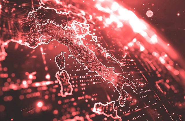 A glowing red globe with a network of lines and dots, representing a global digital network.