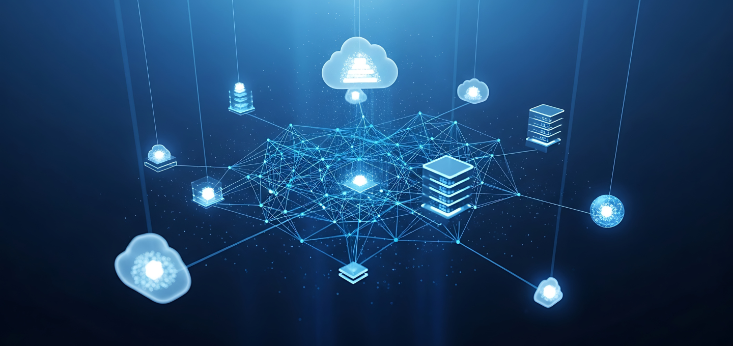 Visualizzazione di un’infrastruttura cloud virtualizzata con server e sistemi IT interconnessi per una gestione dati sicura ed efficiente.