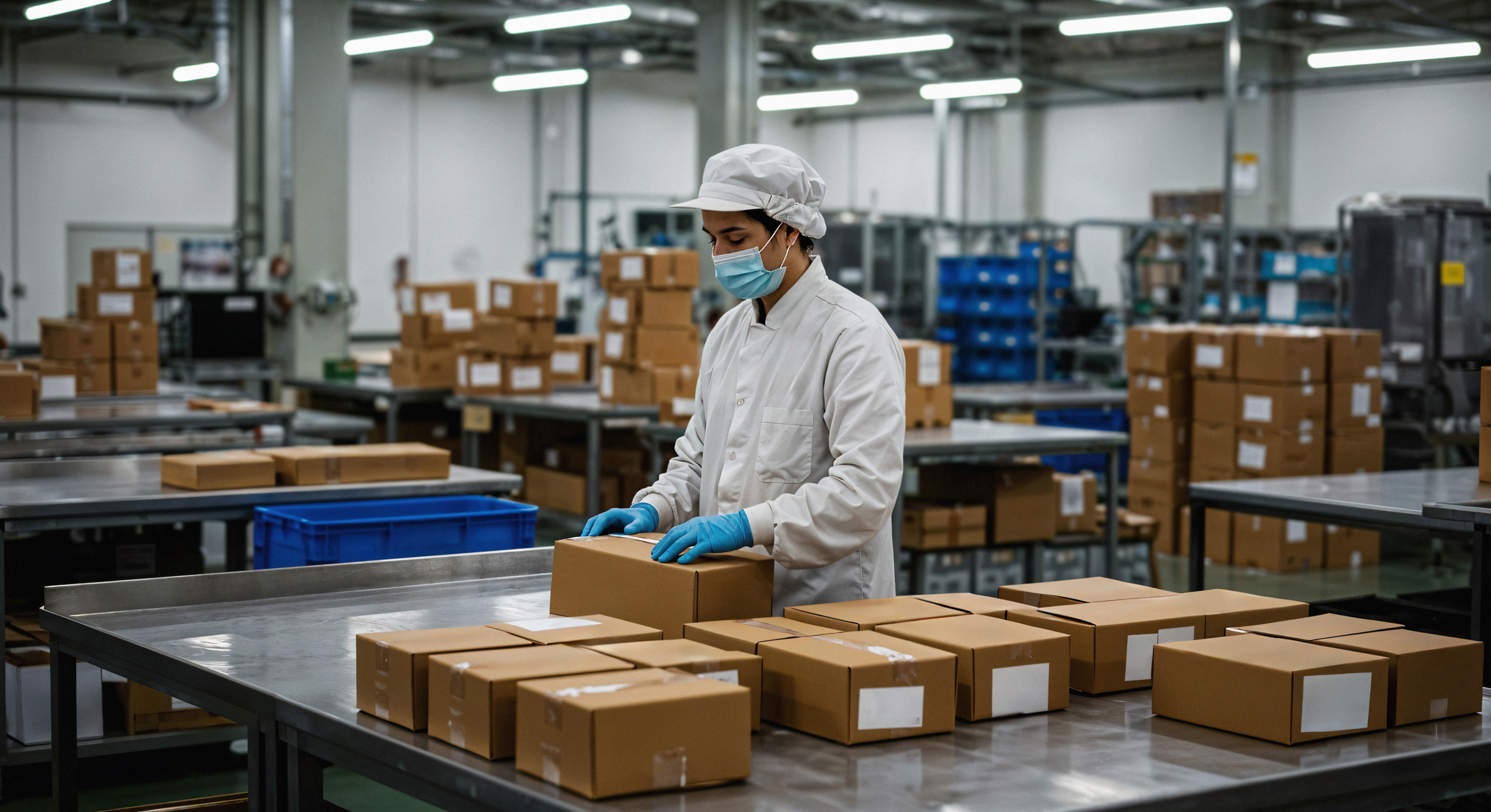 Worker in factory wearing protective gear and mask organizes boxes on metal tables. Surrounding are stacked packages, conveying a sense of order and productivity.