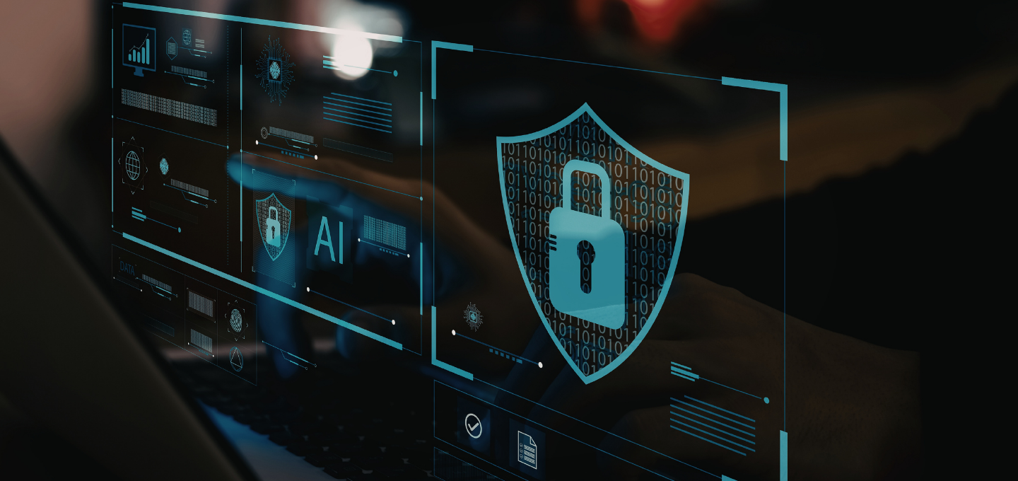 Futuristic digital interface showing a blue shield with a lock symbol on a screen, surrounded by graphs and "AI" text, conveying security and technology.